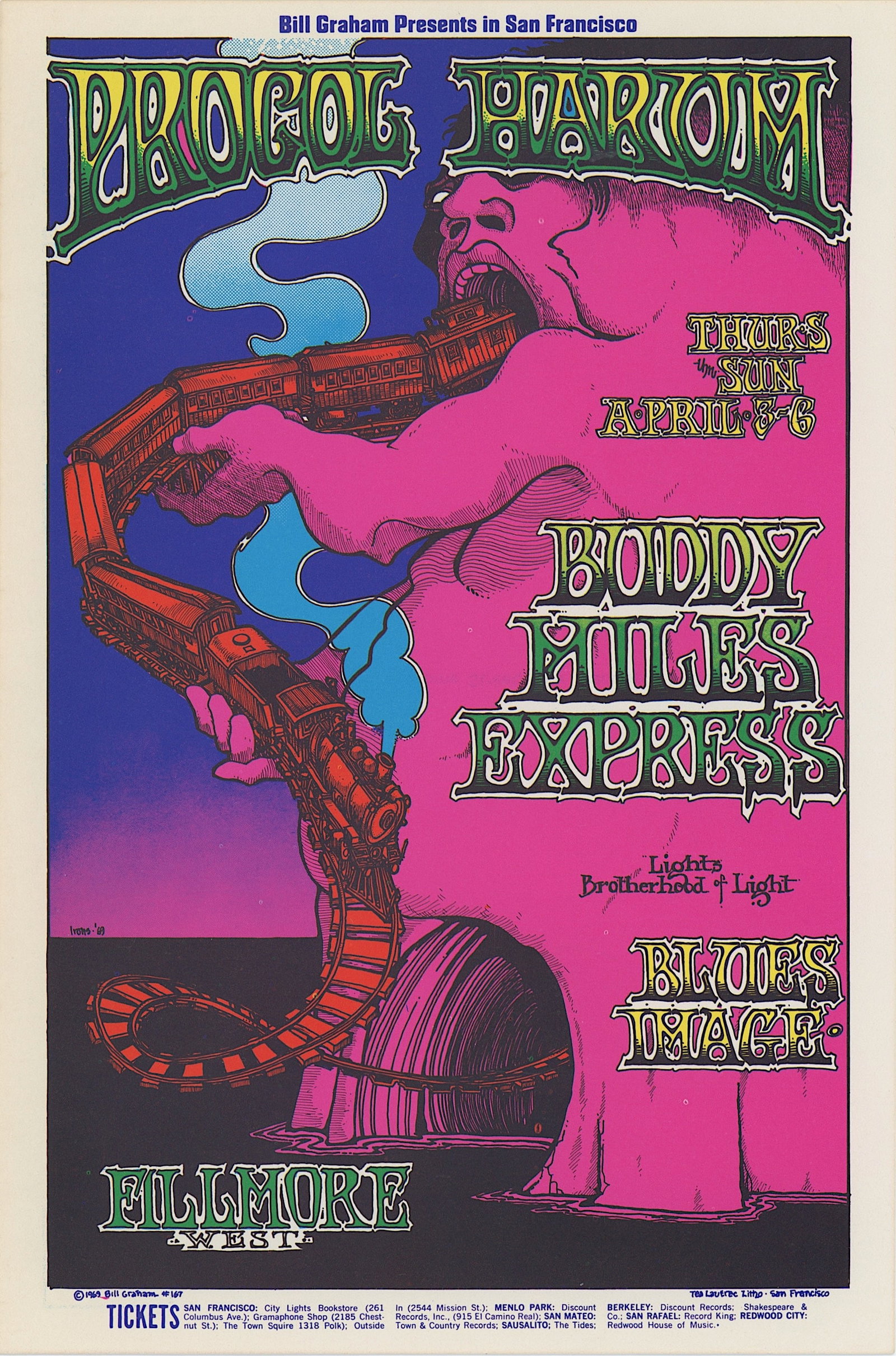 Vintage 1969 Procol Harum BG-167 Handbil by Greg Irons: The provenance of this item is from the estate of a quality fine collector in Oakland, CA. Vintage Original ephemera with dimensions Approx. 7" x 4.6". THIS IS A RESERVE AUCTION, and the final price w