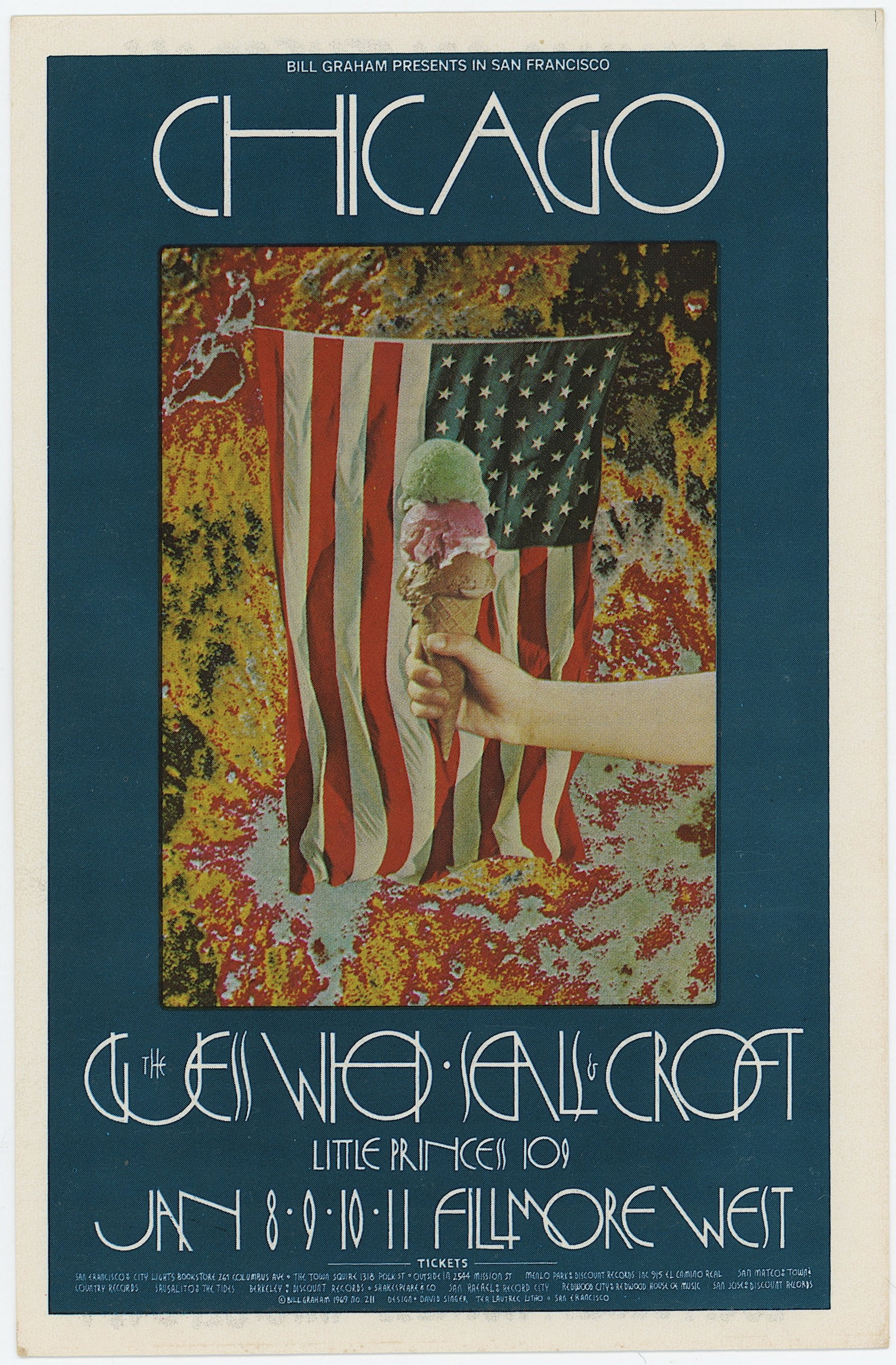 Vintage 1970 BG-211 Handbill Chicago by David Singer: The provenance of this item is from the estate of a quality fine collector in Oakland, CA. Vintage Original ephemera with dimensions Approx. 7.1" x 4.6". THIS IS A RESERVE AUCTION, and the final price