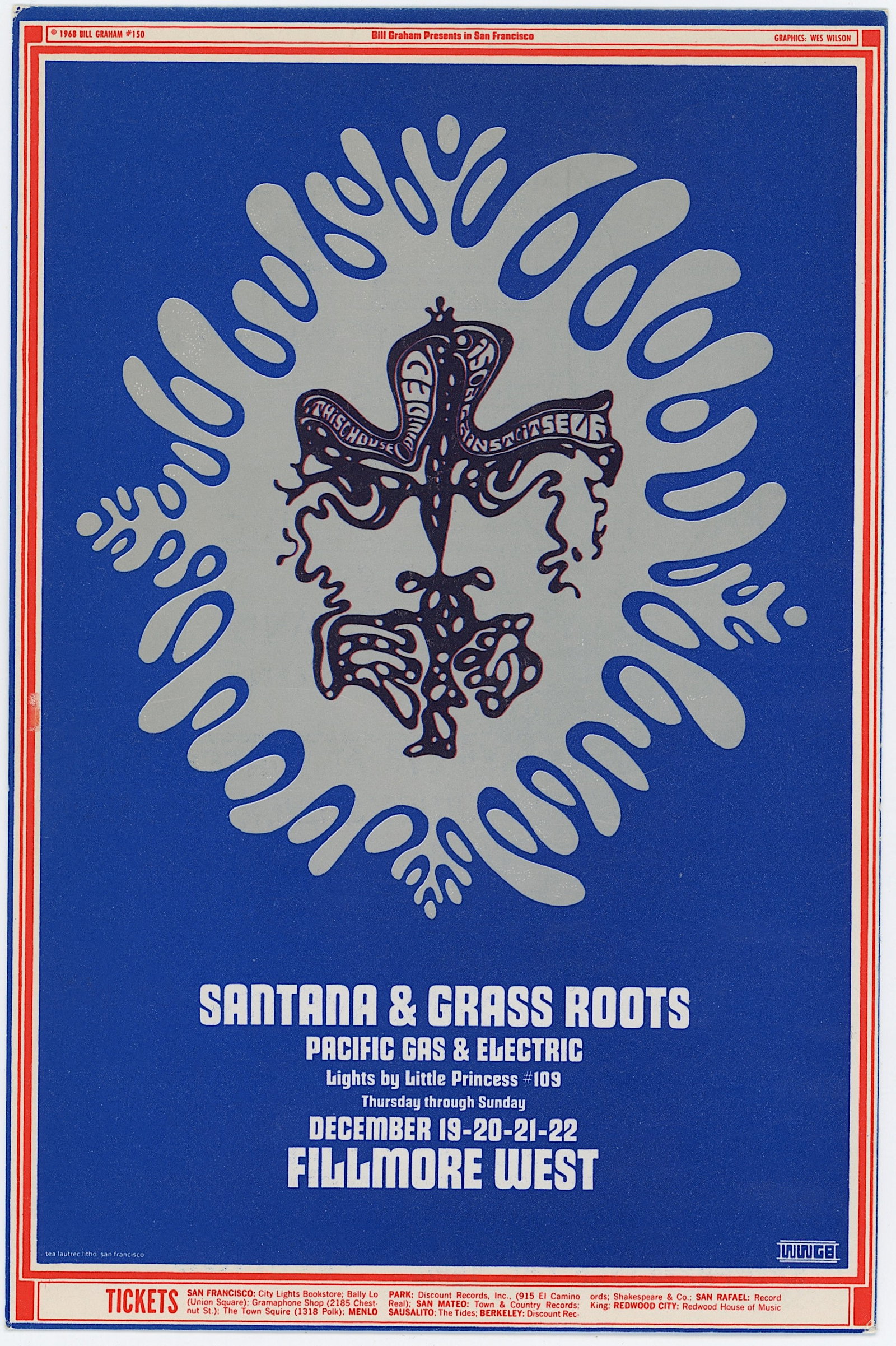 Vintage 1968 Handbill Santana & Grass Roots BG-150: The provenance of this item is from the estate of a quality fine collector in Oakland, CA. Vintage Original ephemera with dimensions Approx. 7" x 4.75". THIS IS A RESERVE AUCTION, and the final price 