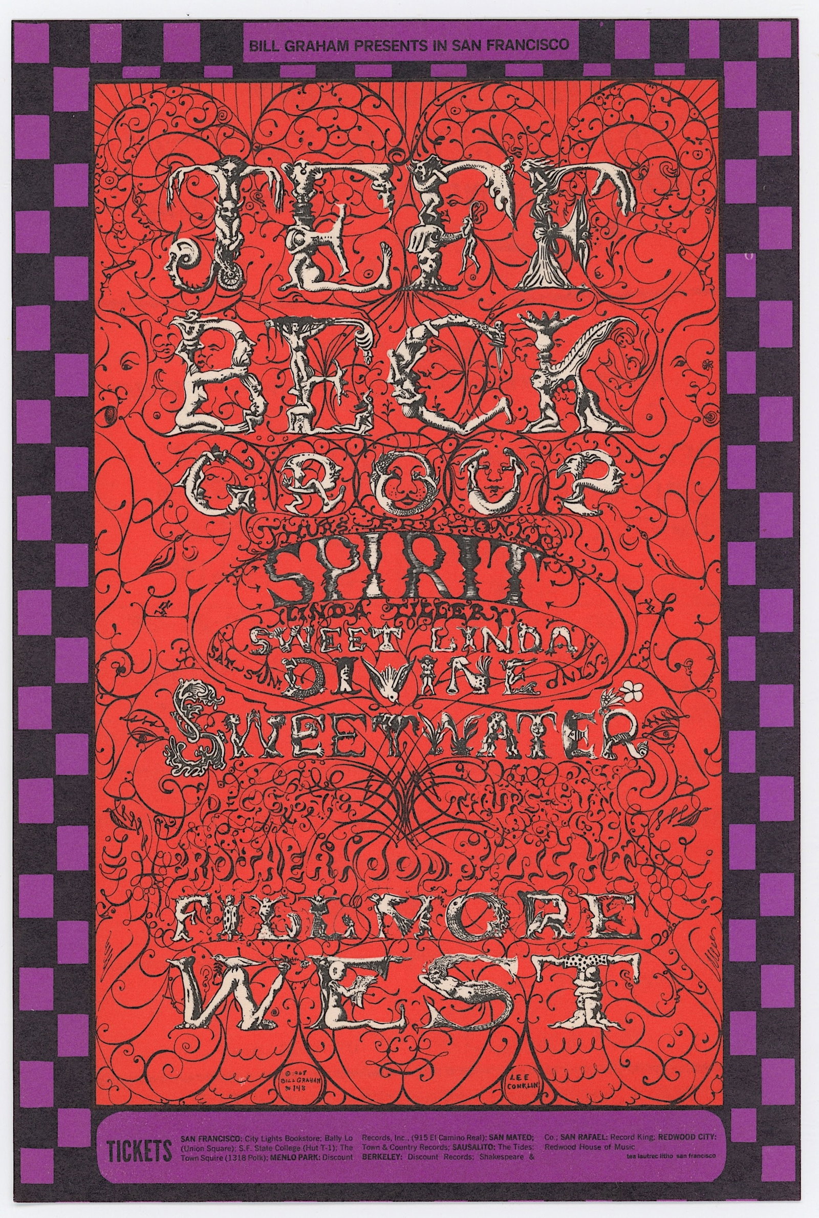 Vintage 1968 BG-148 Handbill by Lee Conklin: The provenance of this item is from the estate of a quality fine collector in Oakland, CA. Vintage Original ephemera with dimensions Approx. 7" x 4.75". THIS IS A RESERVE AUCTION, and the final price 