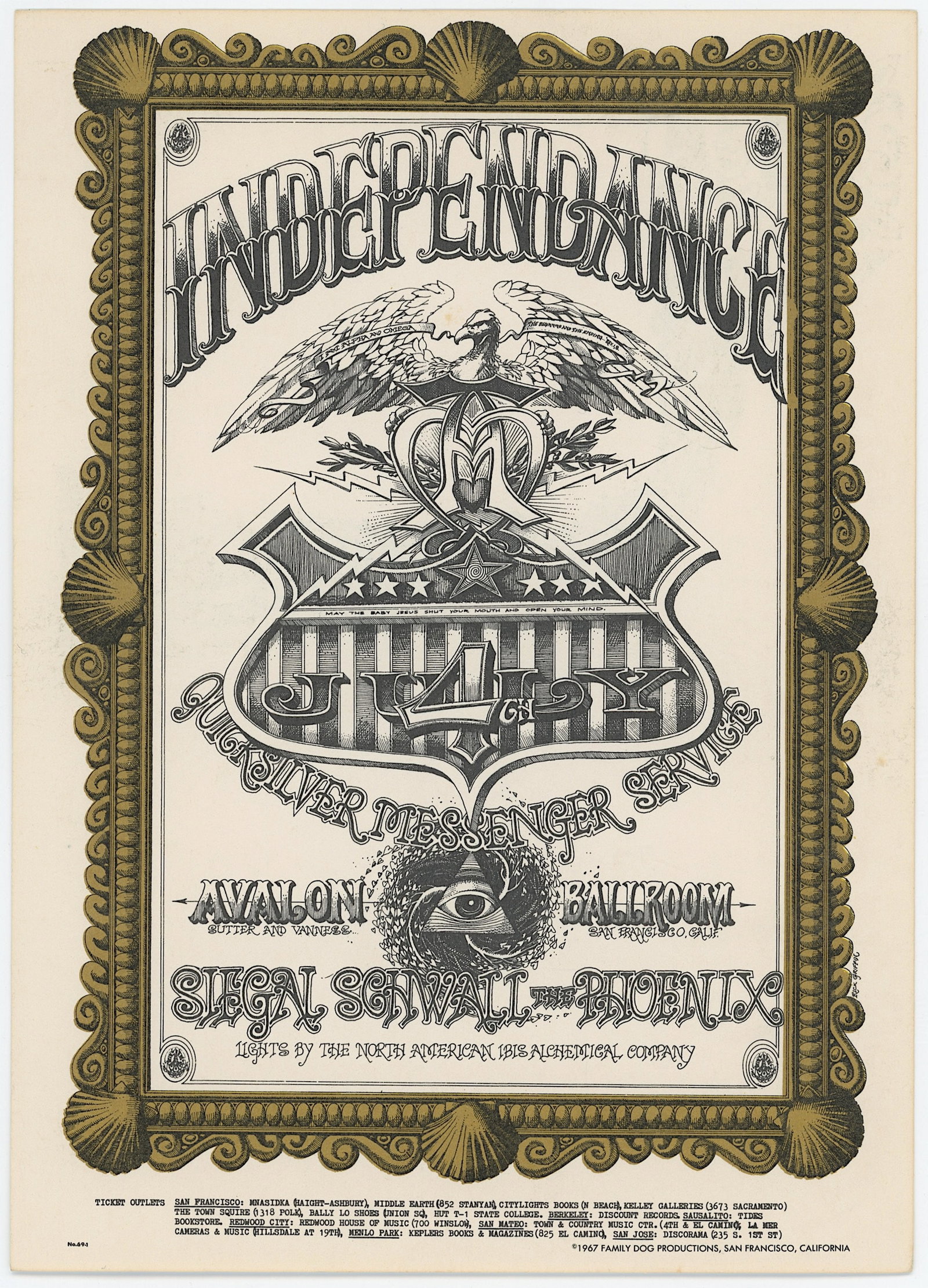 Vintage 1967 Family Dog FD-69Independance by Rick Griffin: The provenance of this item is from the estate of a quality fine collector in Oakland, CA. Vintage Original ephemera with dimensions Approx. 7" x 5". THIS IS A RESERVE AUCTION, and the final price wil