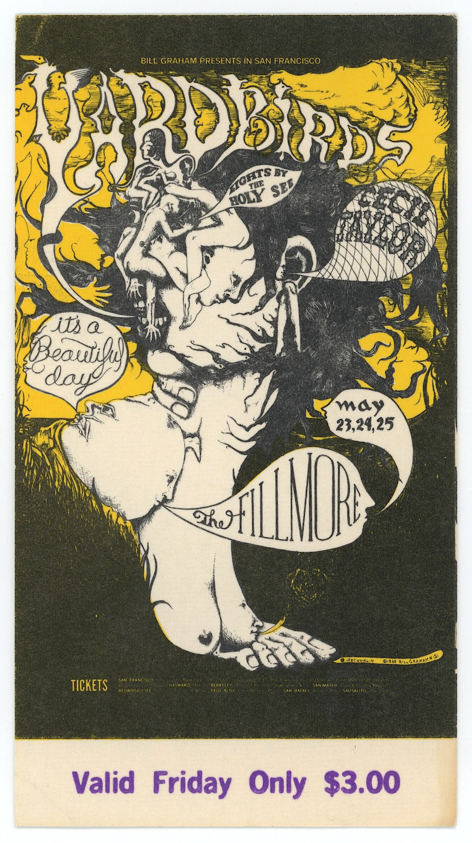 Vintage BG-121 1968 Concert Ticket by Lee Conklin: The provenance of this item is from the estate of a quality fine collector in Oakland, CA. Vintage Original ephemera with dimensions Approx. 4.15" x 2.5". THIS IS A RESERVE AUCTION, and the final pric