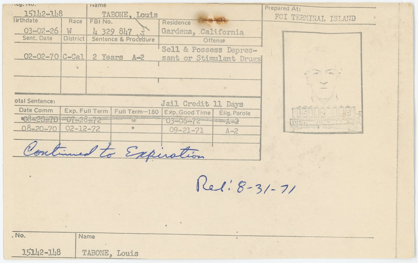 Scarce 1970s Marihuana / Drugs Sentence Summary Card: The provenance of this item is from the inventories of Artelisted. THIS IS A RESERVE AUCTION, and the final price will include a Buyer?s Premium. Please, view our full terms and conditions. ARTELISTED