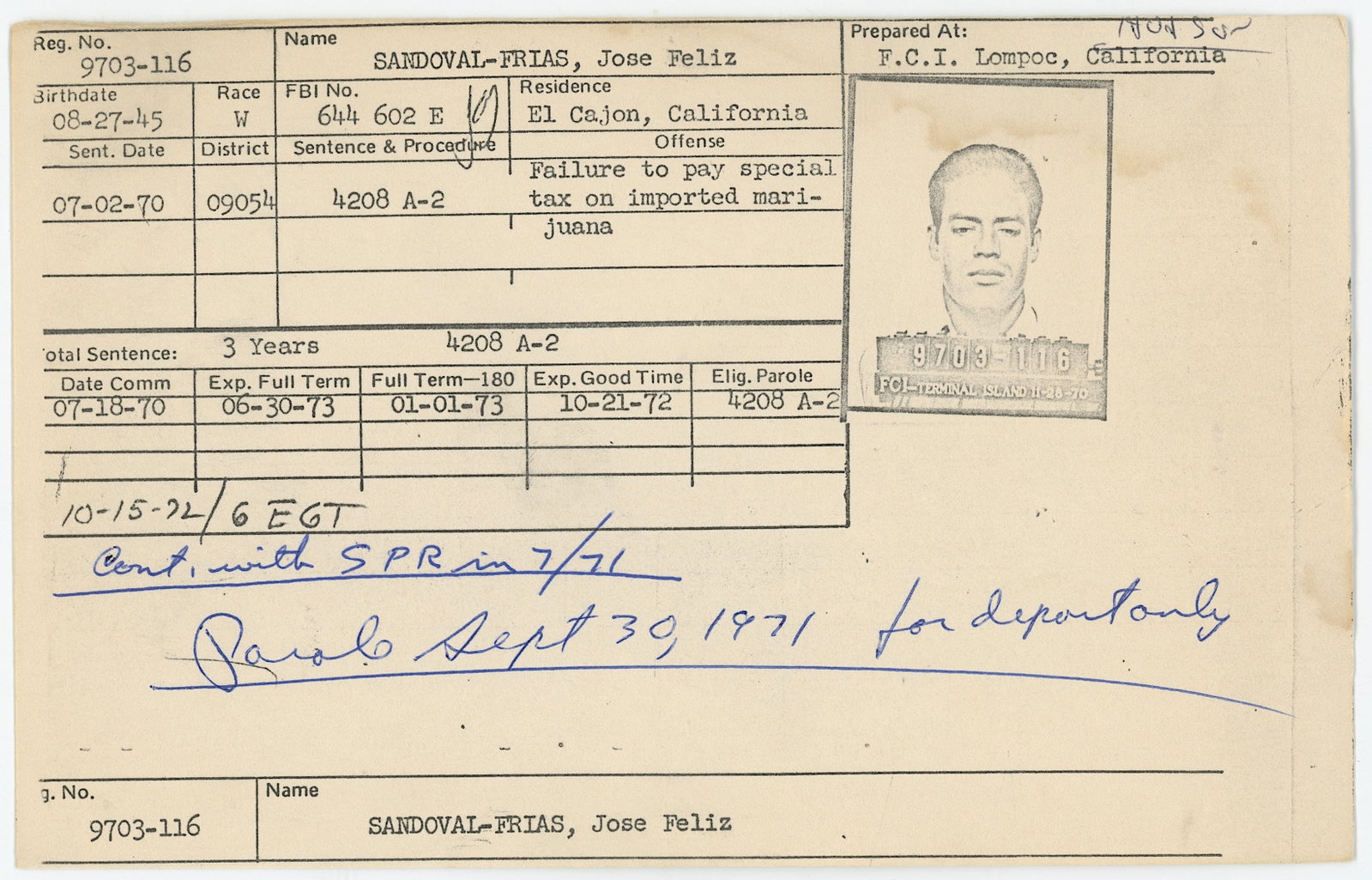 Scarce 1970s Marihuana / Drugs Sentence Summary Card: The provenance of this item is from the inventories of Artelisted. THIS IS A RESERVE AUCTION, and the final price will include a Buyer?s Premium. Please, view our full terms and conditions. ARTELISTED