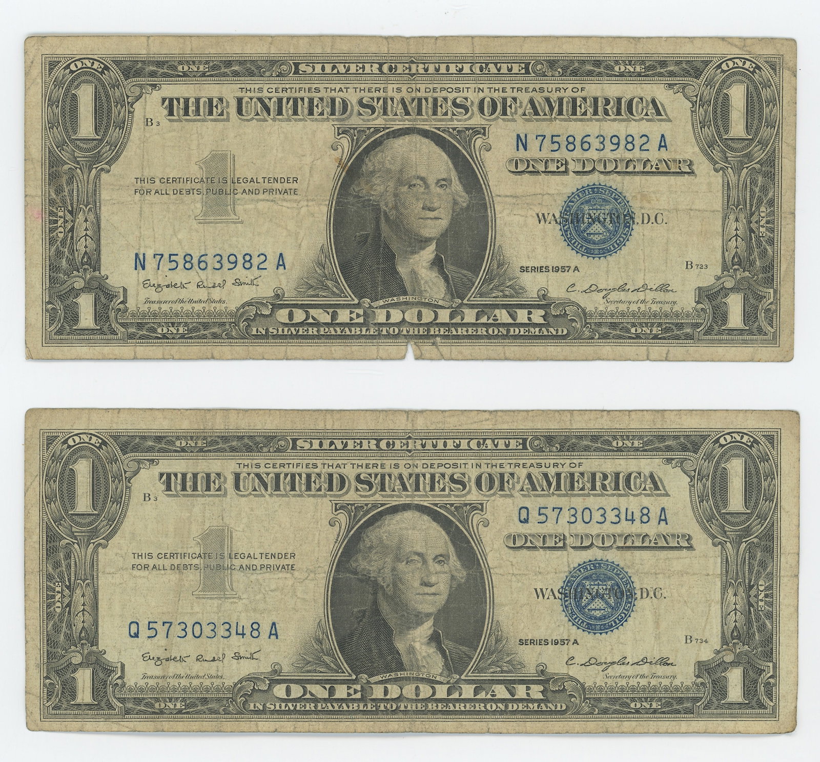 2 Series 1957 A United States $1 Silver Certificates: The provenance of this item is from the inventories of Artelisted. We have included quality images to show it's actual condition. THIS IS A RESERVE AUCTION, and the final price will include a Buyer?s 