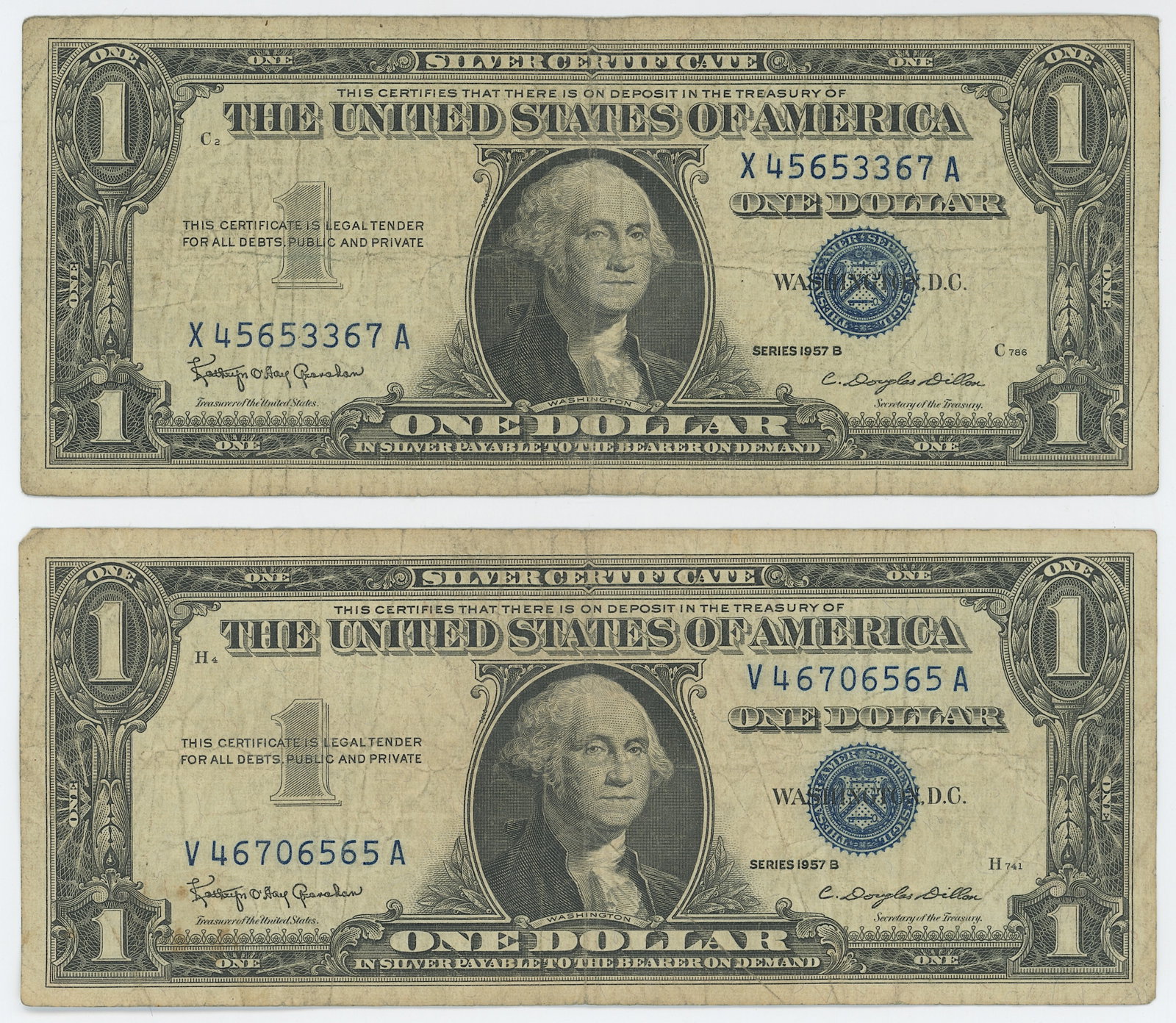 2 Series 1957 B United States $1 Silver Certificates: The provenance of this item is from the inventories of Artelisted. We have included quality images to show it's actual condition. THIS IS A RESERVE AUCTION, and the final price will include a Buyer?s 