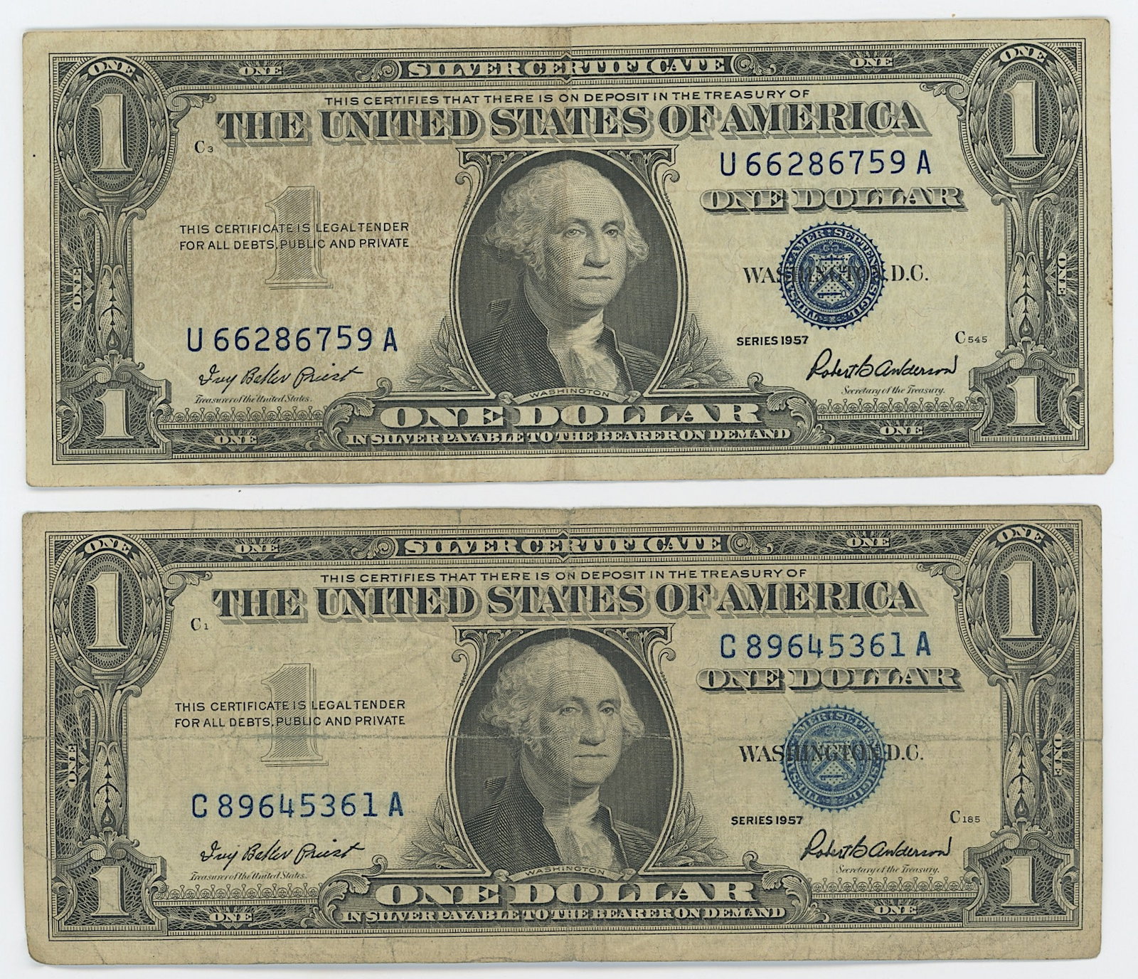2 Series 1957 United States $1 Silver Certificates: The provenance of this item is from the inventories of Artelisted. We have included quality images to show it's actual condition. THIS IS A RESERVE AUCTION, and the final price will include a Buyer?s 