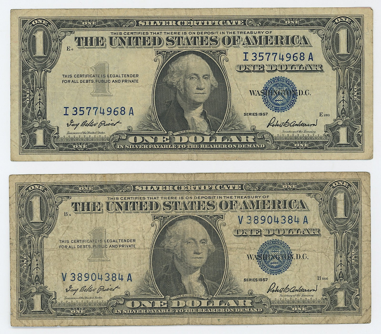 2 Series 1957 United States $1 Silver Certificates: The provenance of this item is from the inventories of Artelisted. We have included quality images to show it's actual condition. THIS IS A RESERVE AUCTION, and the final price will include a Buyer?s 