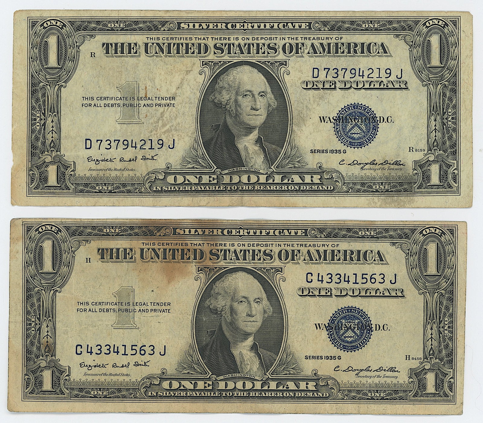 2 Series 1935 G United States $1 Silver Certificates Blue Seals (1 of 2)