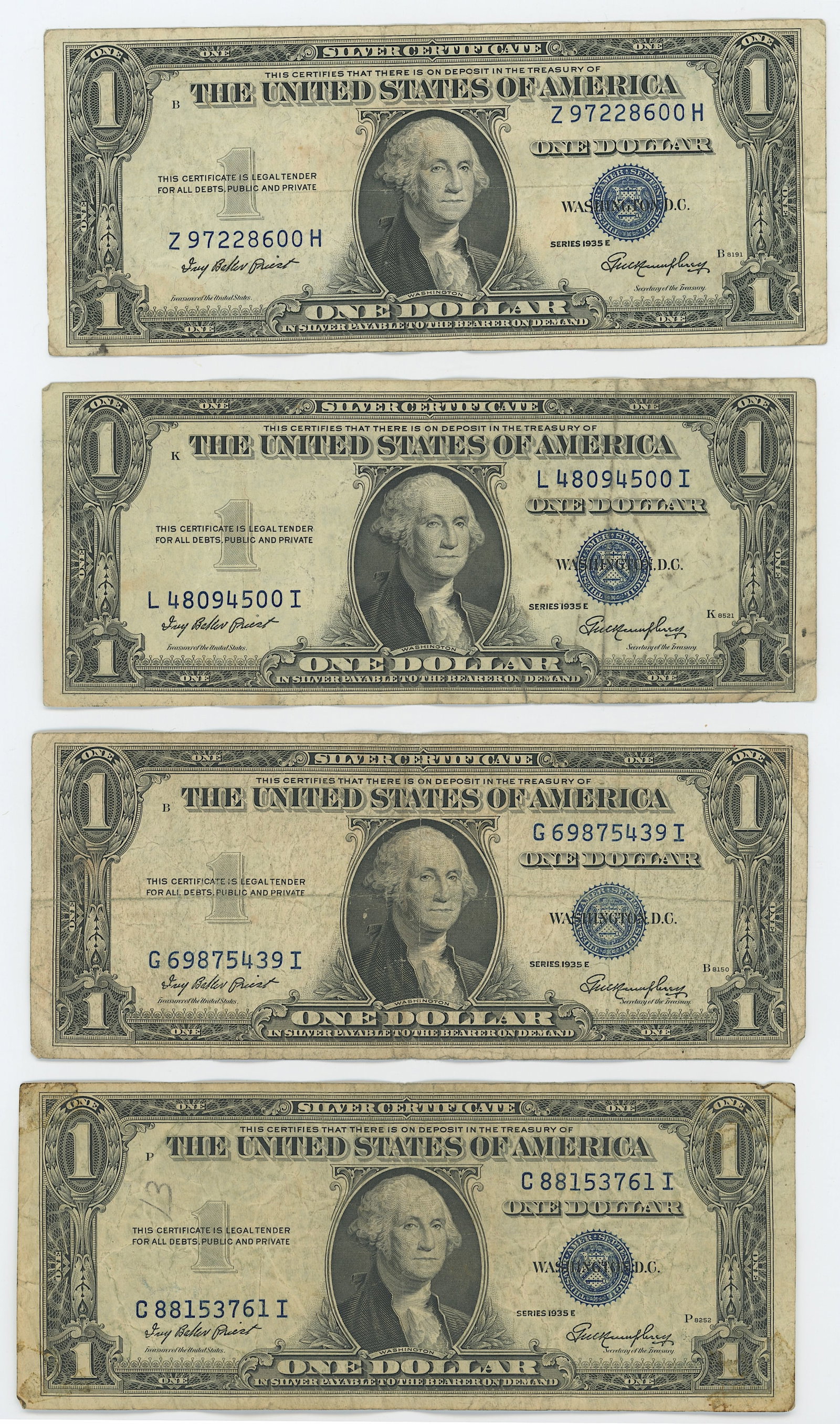 4 Series 1935 E United States $1 Silver Certificates Blue Seals: The provenance of this item is from the inventories of Artelisted. We have included quality images to show it's actual condition. THIS IS A RESERVE AUCTION, and the final price will include a Buyer?s 