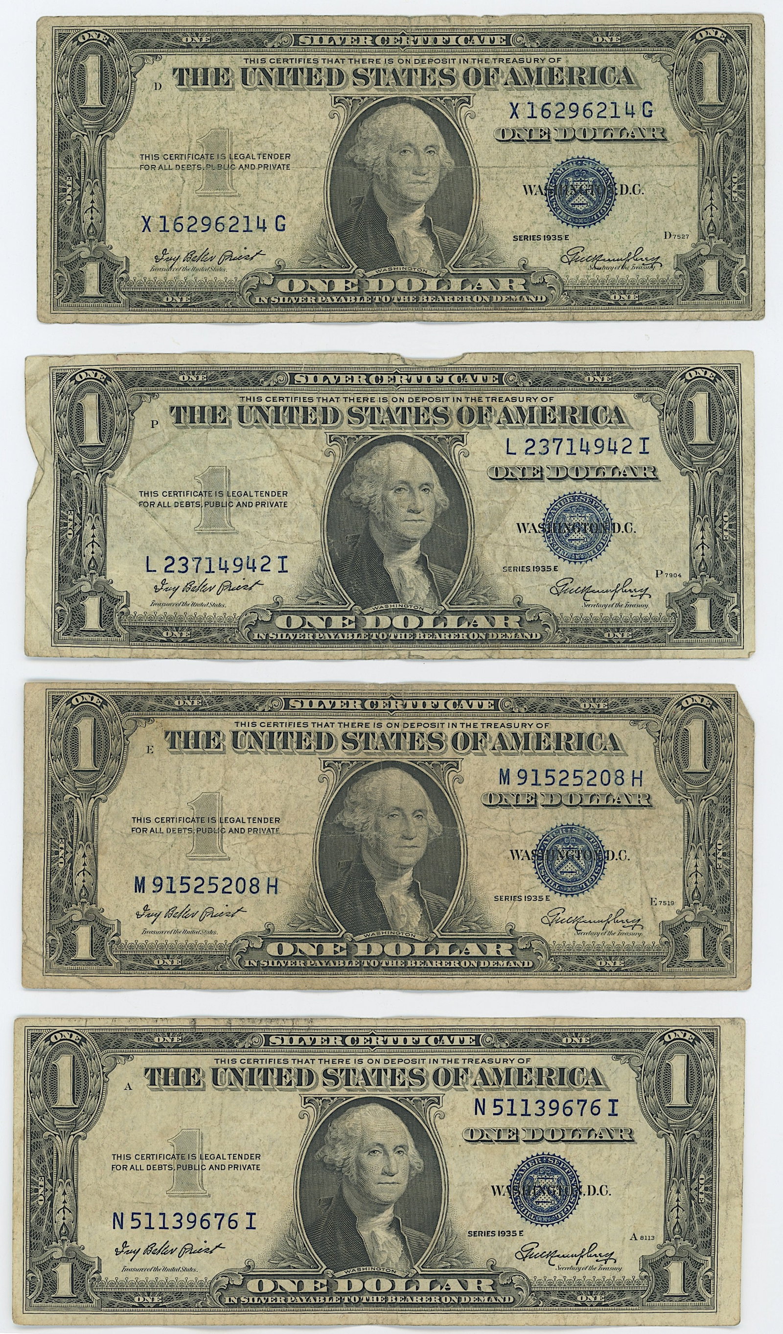 4 Series 1935 E United States $1 Silver Certificates Blue Seals: The provenance of this item is from the inventories of Artelisted. We have included quality images to show it's actual condition. THIS IS A RESERVE AUCTION, and the final price will include a Buyer?s 