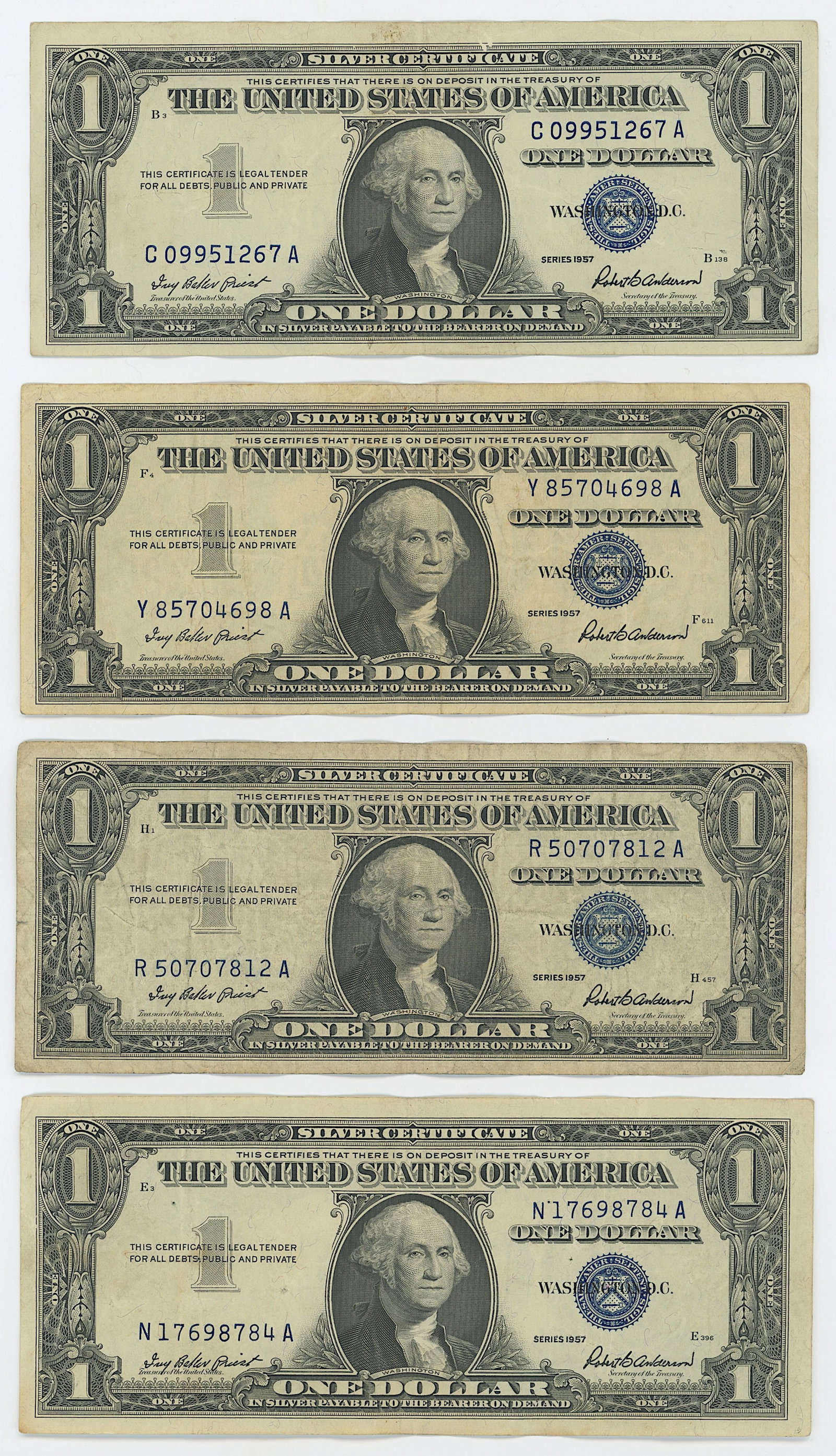 4 Series 1957 United States $1 Silver Certificates: The provenance of this item is from the inventories of Artelisted. We have included quality images to show it's actual condition. THIS IS A RESERVE AUCTION, and the final price will include a Buyer?s 