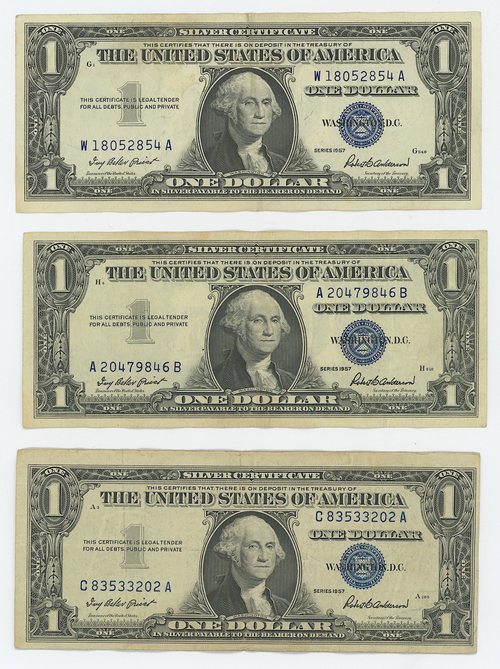 3 Series 1957 United States $1 Silver Certificates (1 of 2)