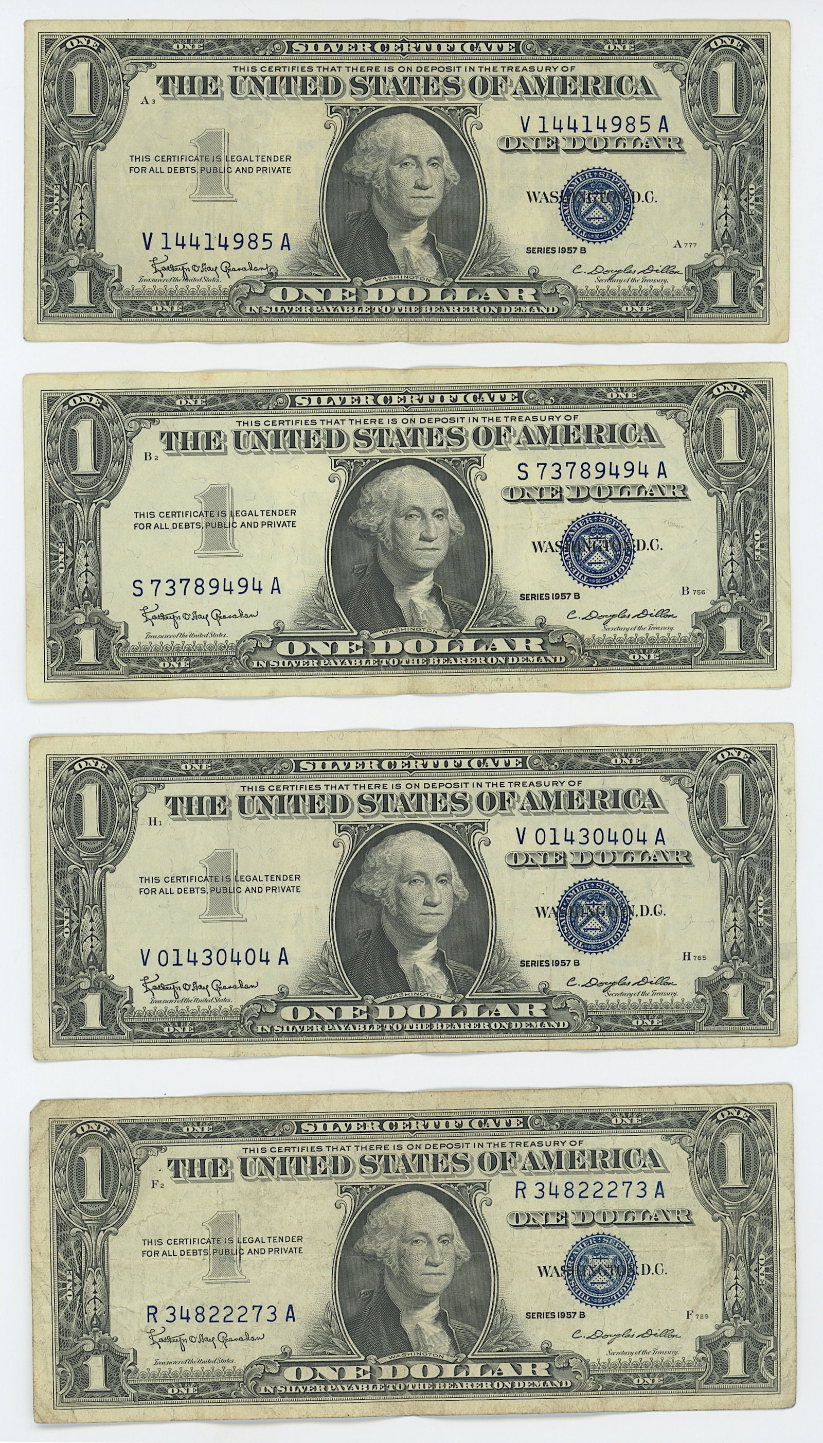 4 Series 1957 B United States $1 Silver Certificates (1 of 2)
