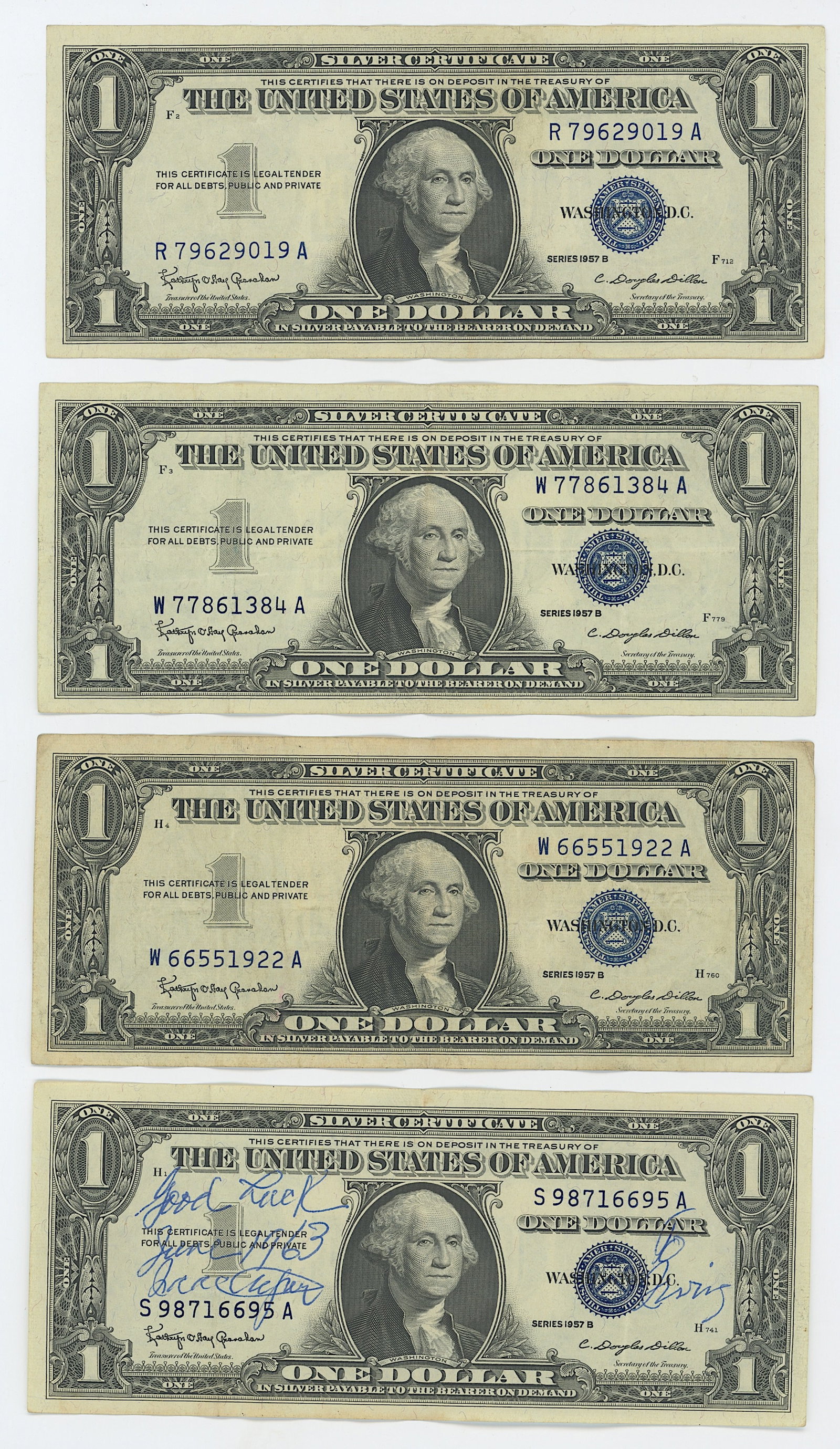 4 Series 1957 B United States $1 Silver Certificates (1 of 2)