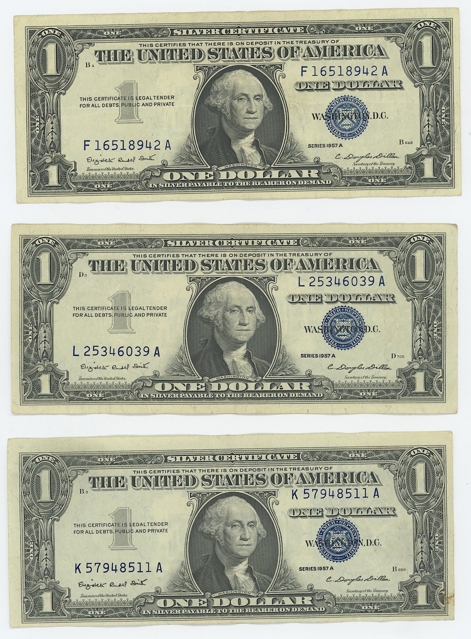 3 Series 1957 A United States $1 Silver Certificates (1 of 2)