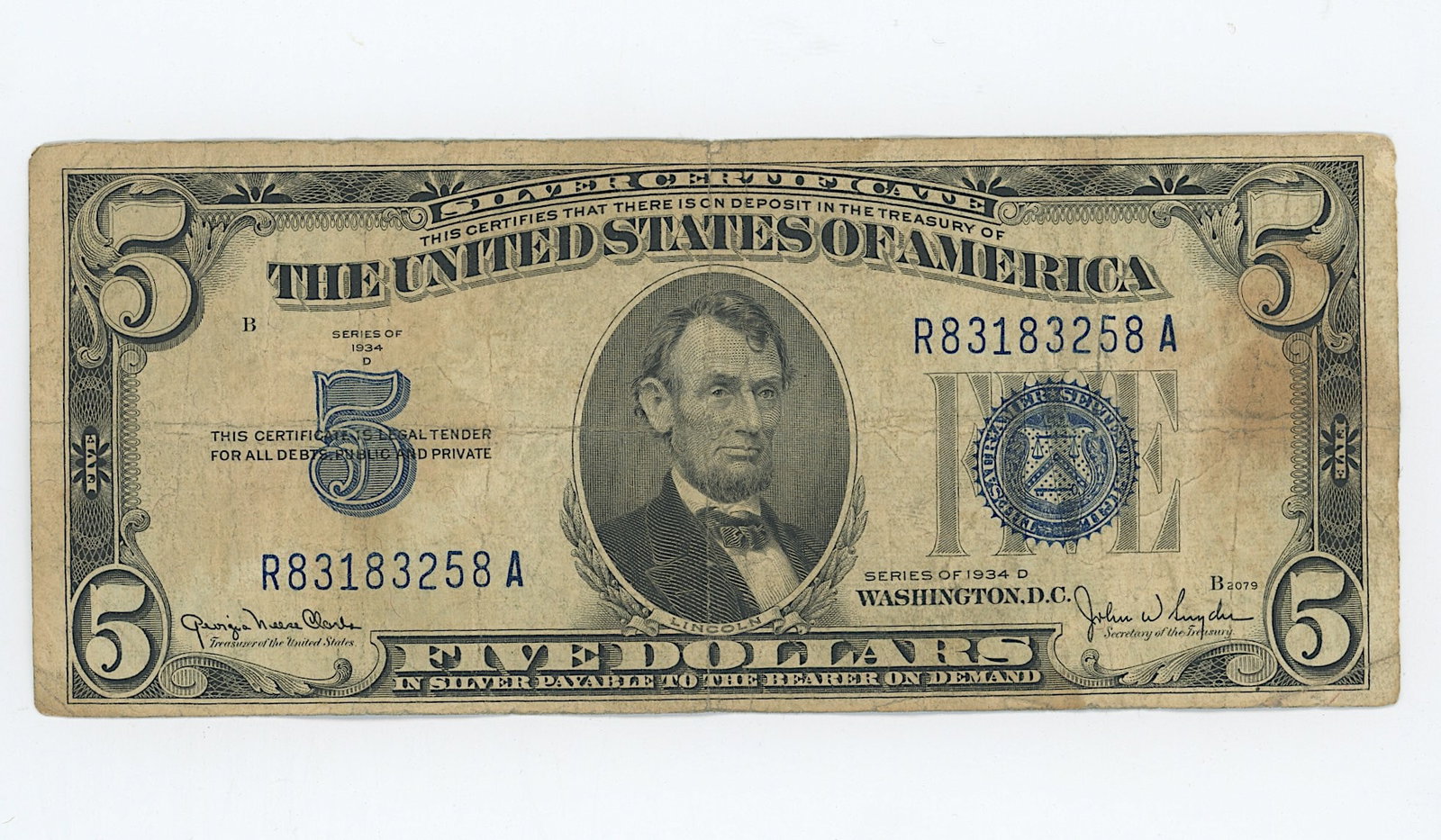 1934 D $5 Silver Certificate Blue Seal: The provenance of this item is from the inventories of Artelisted. We have included quality images to show it's actual condition. THIS IS A RESERVE AUCTION, and the final price will include a Buyer?s 
