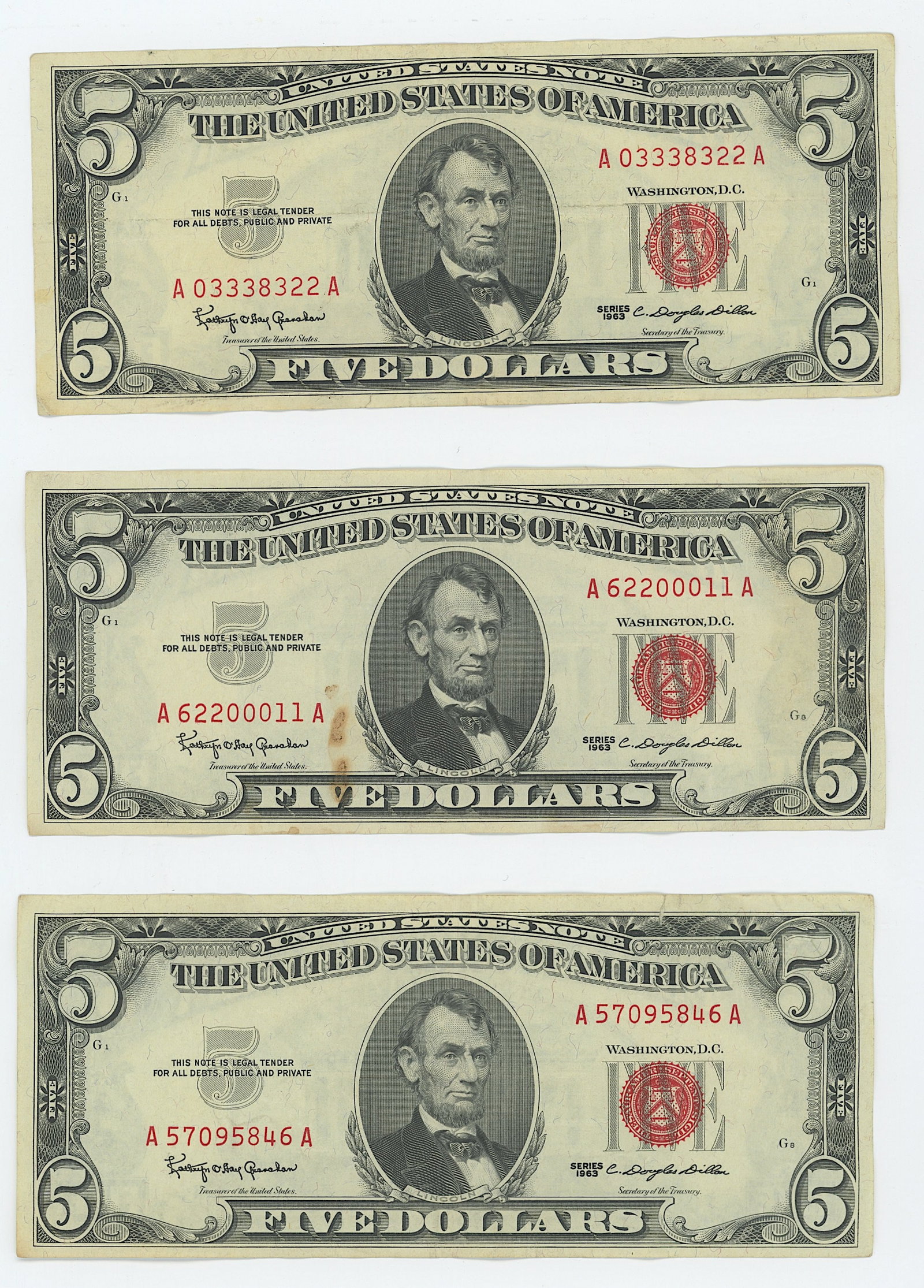3 Series 1963 $5 United States Notes Red Seal: The provenance of this item is from the inventories of Artelisted. We have included quality images to show it's actual condition. THIS IS A RESERVE AUCTION, and the final price will include a Buyer?s 