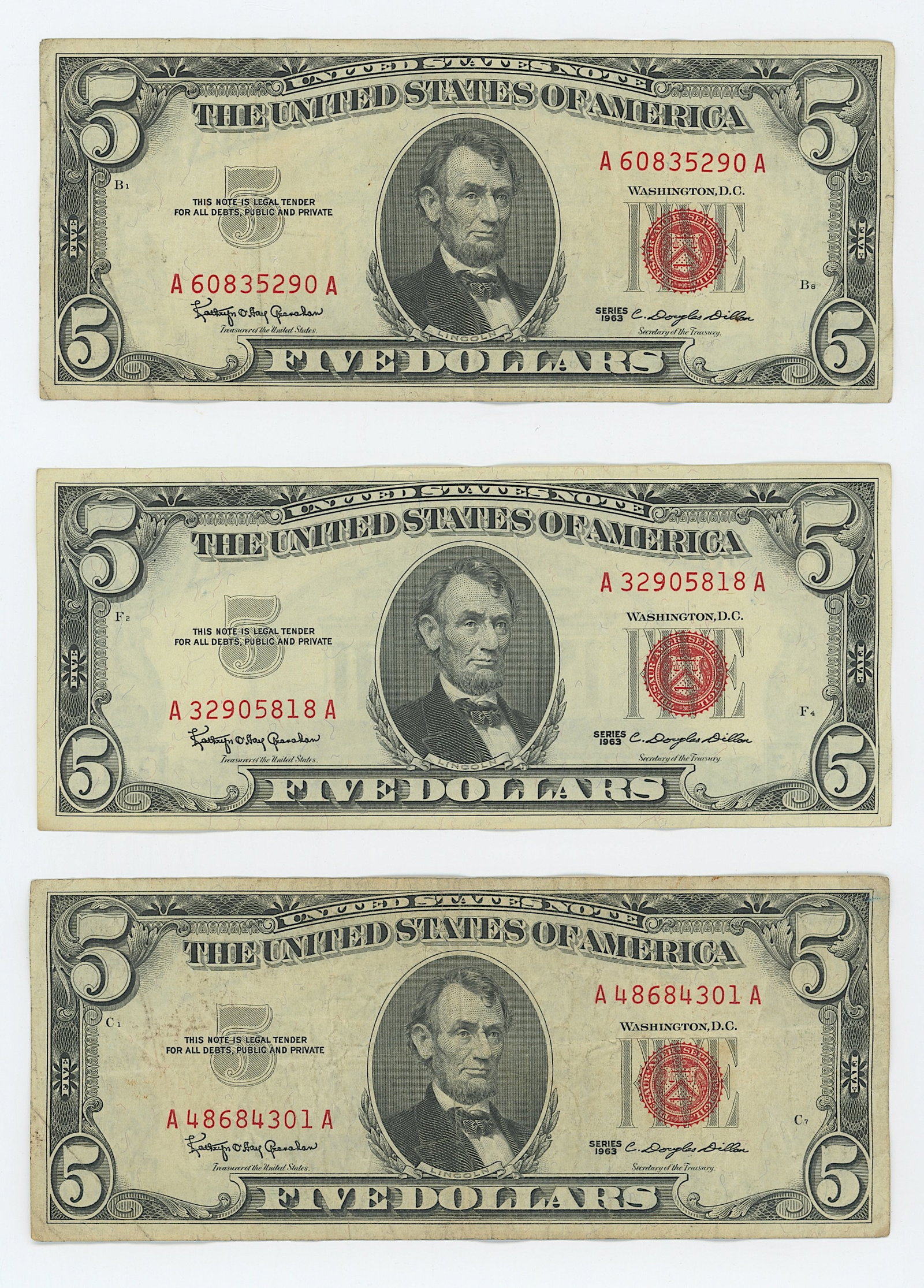 3 Series 1963 $5 United States Notes Red Seal (1 of 2)