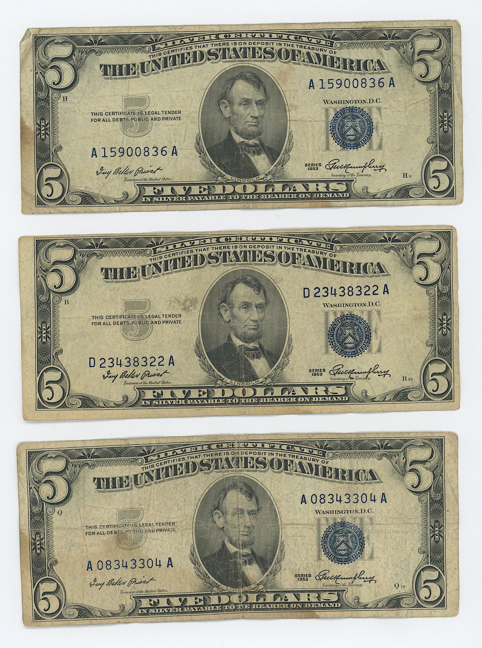 3 Series 1953 $5 United States Notes Red Seal (1 of 2)