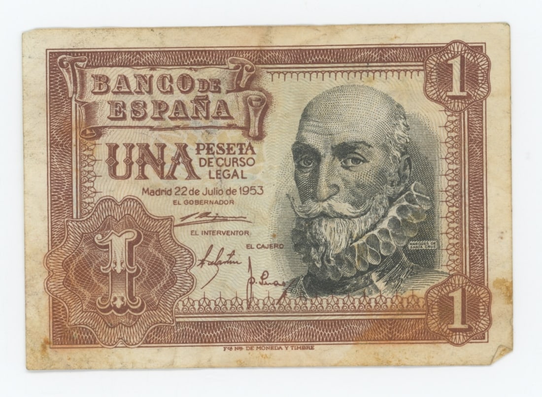 1 Peseta Note Spain Banco de Espa?a on July 22, 1953: The provenance of this item is from the inventories of Artelisted. We have included quality images to show it's actual condition. THIS IS A RESERVE AUCTION, and the final price will include a Buyer?s 