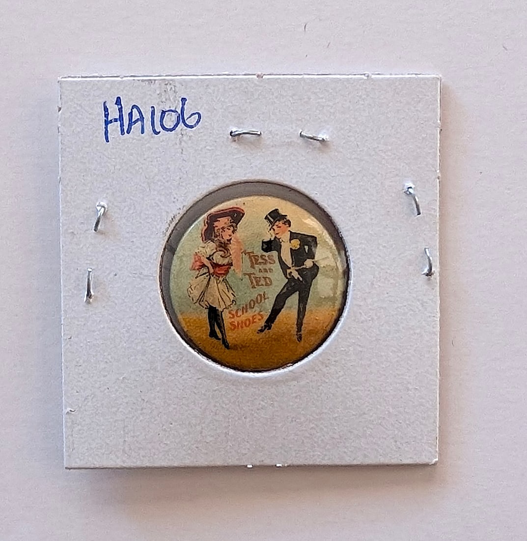 Vintage Celluloid pinback button "Tess and Ted School Shoes": The provenance of this item is from the inventories of Artelisted. We have included quality images to show it's actual condition. THIS IS A RESERVE AUCTION, and the final price will include a Buyer?s 