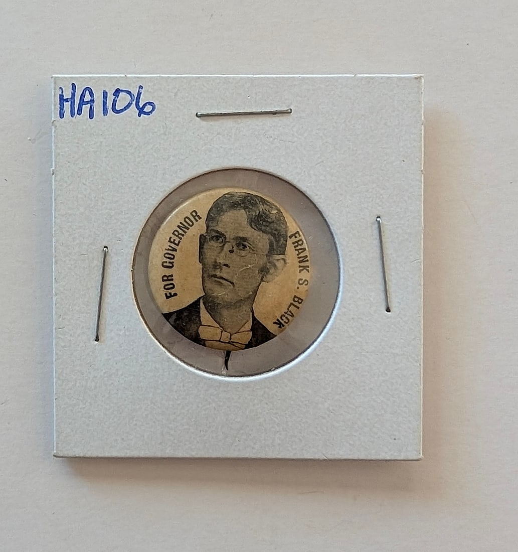 This is a vintage celluloid pinback button from Frank S. Black's 1896 campaign for Governor of New: This is a vintage celluloid pinback button from Frank S. Black's 1896 campaign for Governor of New York. The provenance of this item is from the inventories of Artelisted. We have included quality ima