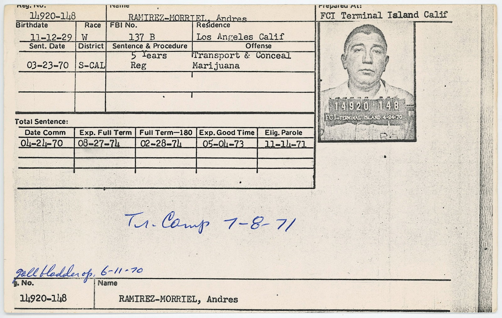 Scarce 1970s Marihuana / Drugs Sentence Summary Card (1 of 2)