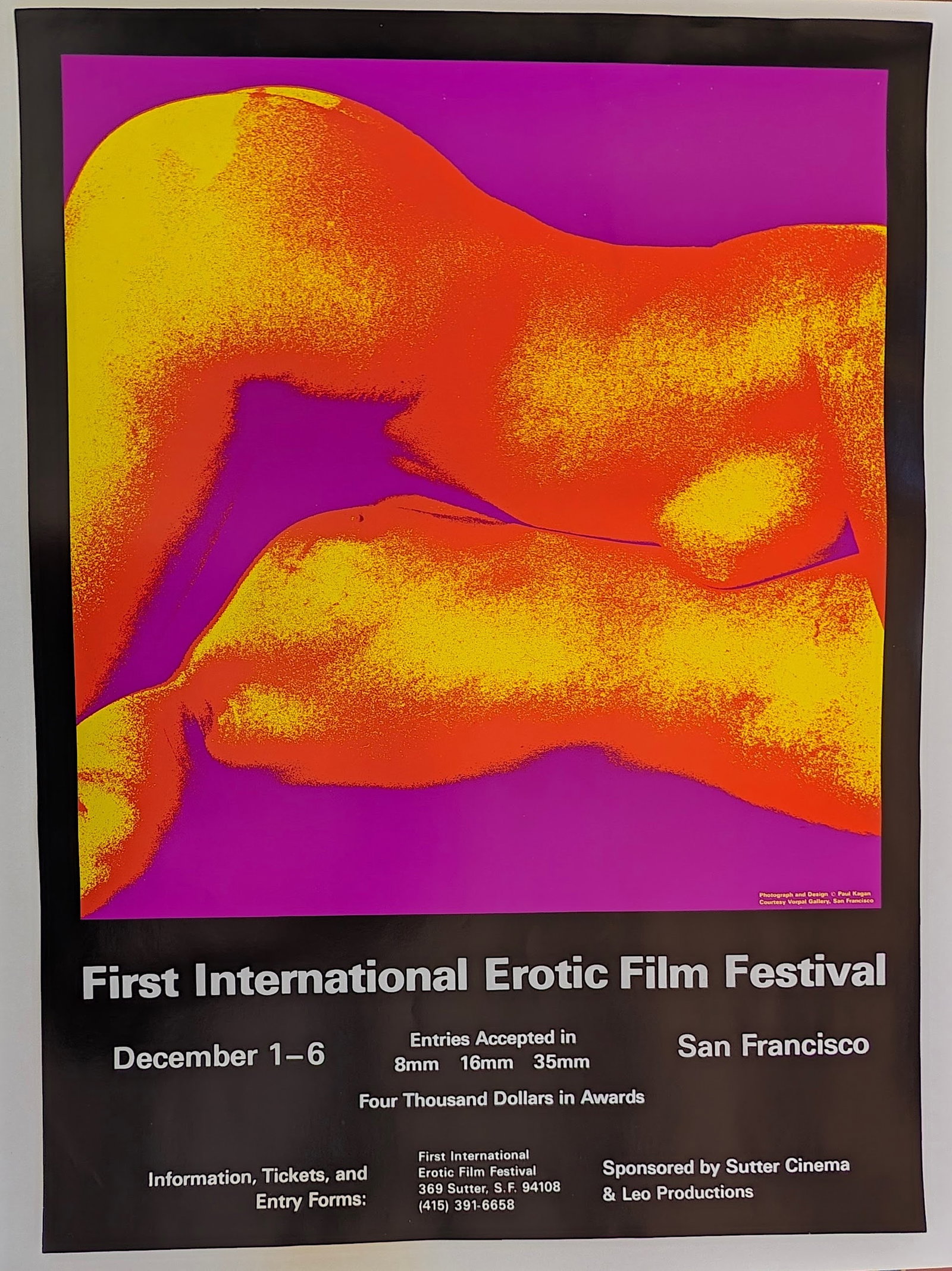 1971 promotional poster for the First International Erotic Film Festival , SF by Paul Kagan: vintage promotional poster for the First International Erotic Film Festival held in San Francisco, featuring a thermographic-style design by Paul Kagan. We have included quality images to show it's ac