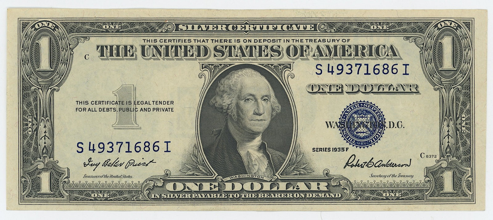 Serie 1935F U.S. one-dollar silver certificate: Serie 1935F U.S. one-dollar silver certificate. We have included quality images to show it's actual condition. THIS IS A RESERVE AUCTION, and the final price will include a BuyerÕs Premium. Pleas
