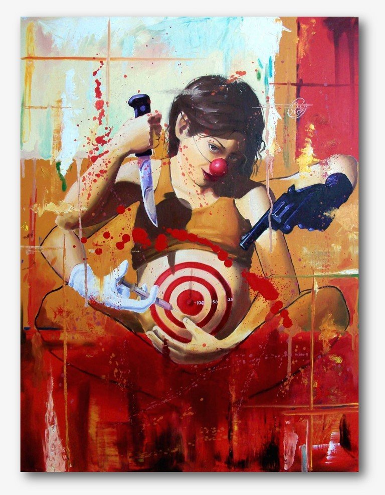 RICARDO CRUZ FUENTES (1982 - ) - Que dices abortamos?: Oil on wood, 60cm x 80cm. RICARDO CRUZ FUENTES (1982 - ), artista autodidacta nacido en México. Ha estado dedicado a la pintura desde el año 2000 logrando un importante numero de ventas alrededor de