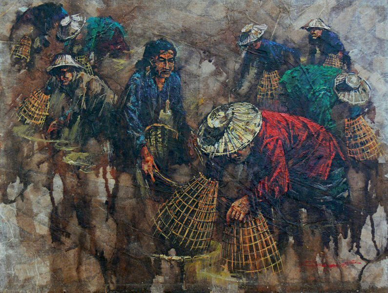 Old oil on rice paper with collectors, Vietnam? signed: This is an original painting on rice paper glued on a masonite board. Our guess from the 1960's. Signature on the lower right side. Dimensions are 16" by 12". No frame. This artwork is located in Boca