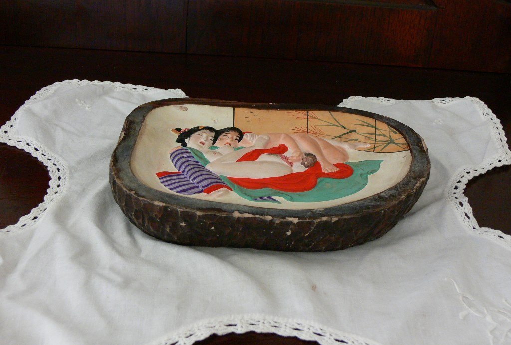 Rare WWII Japanese Erotica Plaster Ware Plateau Shunga: Rare shunga WWII Japanese Erotica Plaster Ware Plateau. Provenance Admiral Crawford Estate Occupation. Dimensions about 8.25" x 6.50" x 1.50"high.