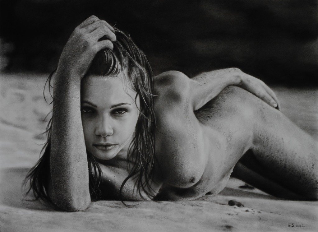 Ekkarat Sridee - Original charcoal painting with nude -: This amazing artwork is a charcoal painting by the Thailandese artist Ekkarat Sridee. Dimensions are about 22" x 30".