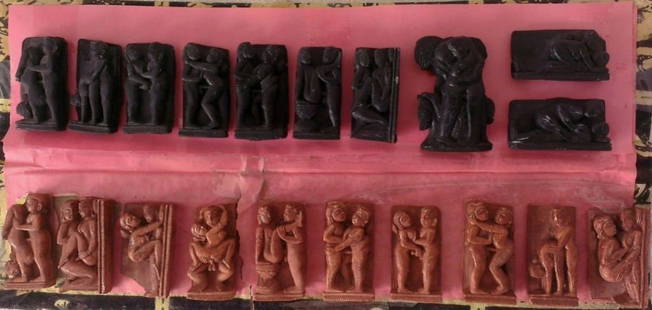 Vintage Old Indian set of 20 Kamasutra figures: For sale this amazing old set of 20 kamasutra figures. Each figure measures about 1.50"wide x 0.75"high x .15"deep. Unknown material, resin or stone. The open cardboard is about 10.50" by 5"