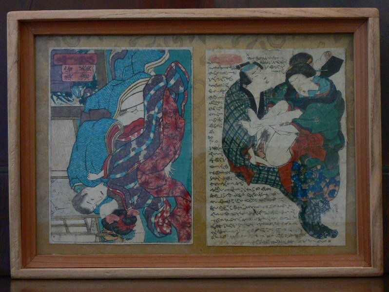 Antique Pair Japanese Shunga Utagawa Erotic Prints: For sale this wonderful pair of Japanese Shunga erotic ukiyoe prints circa 1820's to 1840' attributed to Kuniyoshi from the famous Utagawa. The fine prints were protected by the las Japanese owner in 