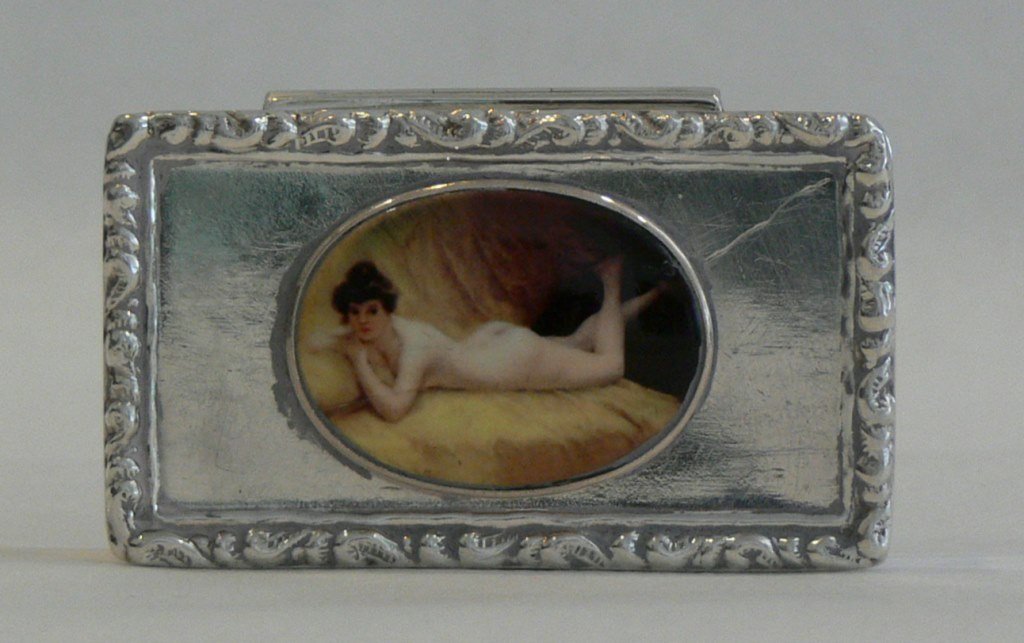 Silver pill box with nude. Marked: Dimensions 2.25" x 1.25" x 0.5"