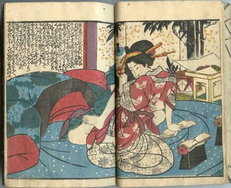 Utagawa School Ca. 1850, Japanese Shunga Picture Book: Vintage Utagawa School woodblock print shunga picture book (Ehon) from later Edo Period, 1850. There are 10 total colored picture pages. The remaining pages are kanji text pages. This book is fully in