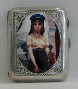 Antique silver cigarrete case with Oriental lady: Amazing cigarette case with oriental lady. Marked. Dimensions about 3.50" x 3" x 0.85"high. This Oriental lady is a reproduction after the painting "La servante de harem" ("The harem maid") (1874) by