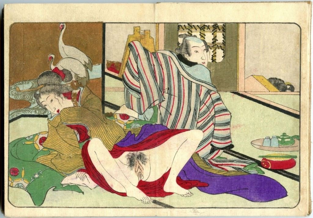 Rare Japanese Shunga Picture Book Toshihide Ca.1890: 12 color images and remaining kanji text pages. Dimensions 12.5cm x 9cm