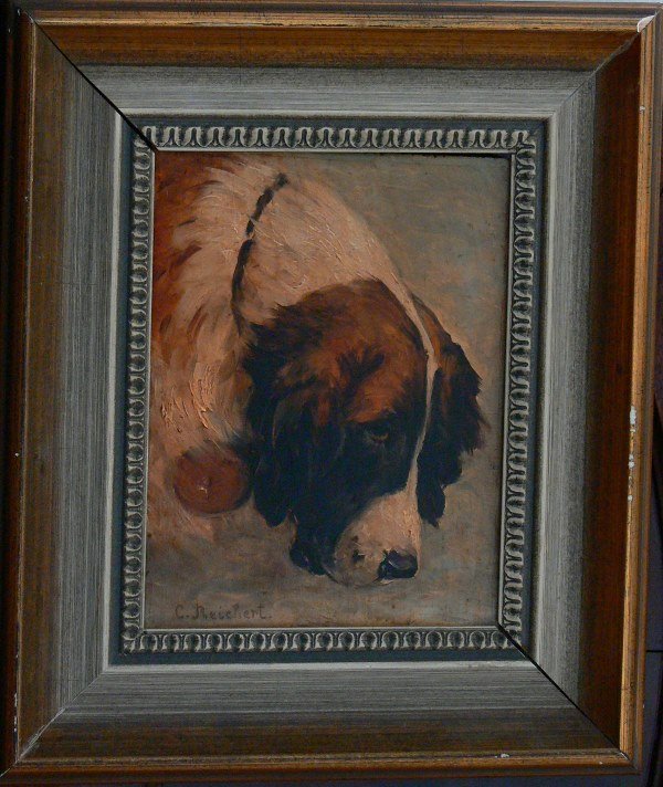 C. REICHERT (1836 - 1918) Oil with St. Bernard Dog: Beautiful oil on wood panel attributed to Carl Reichert (1836 - 1918), without expert opinion. Dimensions are 8" x 6". The wood frame is about 2" wide.Carl Reichert (1836 Vienna – 1918 Graz) was an 