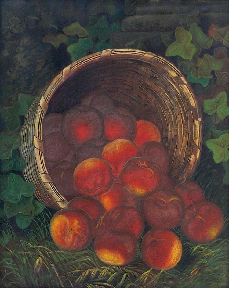 Antique American Oil 19th C. - Hudson River School: This well done 19th C. still life with peaches from the Hudson River School is an authentic oil on canvas. Dimensions are 20" x 16" for the canvas and 1.5" w. for the original wood frame. Artwork is u