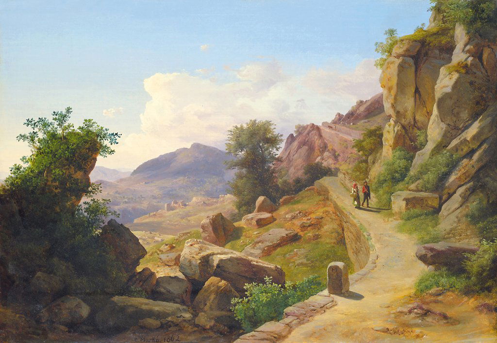 Ifj. Markó Károly (1822 - 1891): Ifj. Markó Károly (1822 - 1891) Family on their way to the market, 1862 Oil on canvas 36,5x52,5 cm Signed bottom left: C. Markó 1862, On the reverse: Carlo Marko. Ungherese N. 3. Arada Sull' Appenn