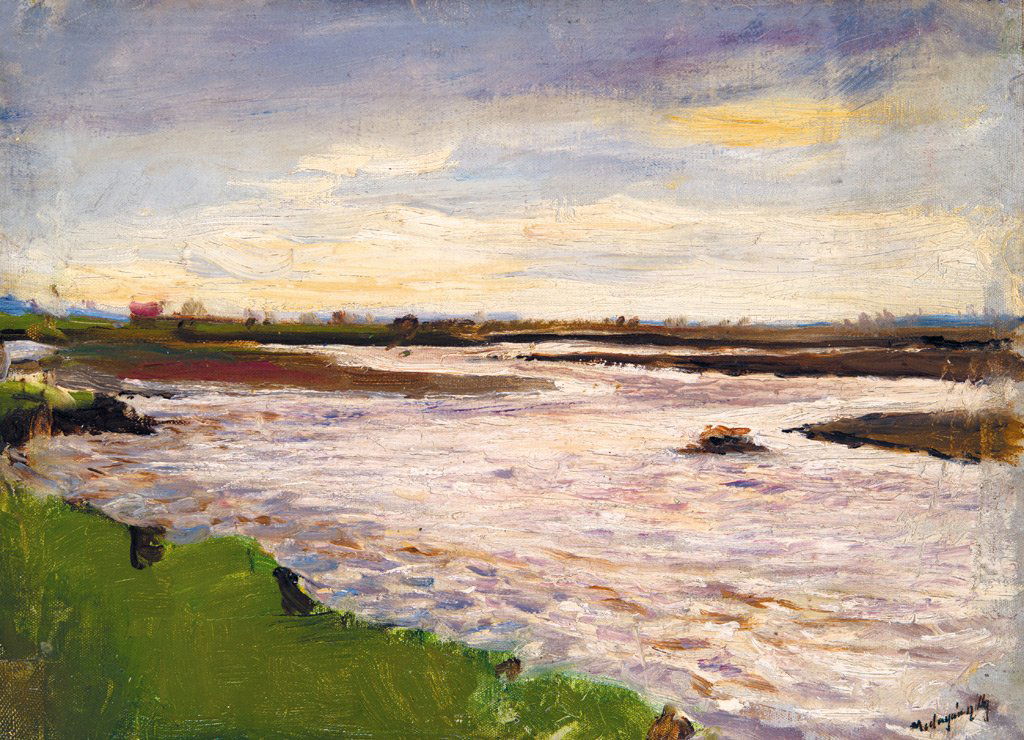 Mednyánszky László (1852-1919): Mednyánszky László (1852-1919) River Vág Oil, canvas on paperboard 27x38 cm Signed bottom right: Mednyánszky, On the reverse: Vág vize. Inventory by Pálmai, József