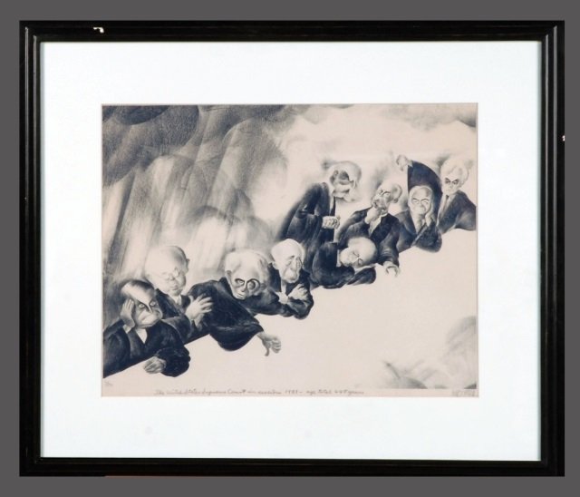 Albert Hirschfeld (American, 1903-2003): The United States Supreme Court in Session 1937 - Age Total 645 Years. Lithograph. Signed (l.r.), titled (l.c.), numbered (l.l.) 3/50. Sight size 15 x 19 inches.