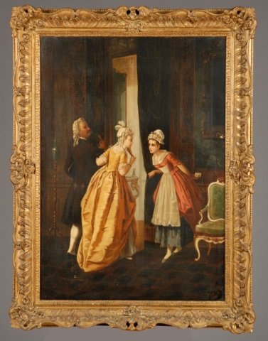 Continental School (19th Century): Untitled, Interior Genre Scene. Oil on canvas. Signed illegibly (l.r.). 38 x 26 1/2 inches. Framed.