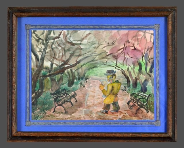 David Burliuk Ukranian, 1887-1917): Reader in the Park. Watercolor. Signed (l.r.). 9 1/4 x 12 3/8 inches. Framed.