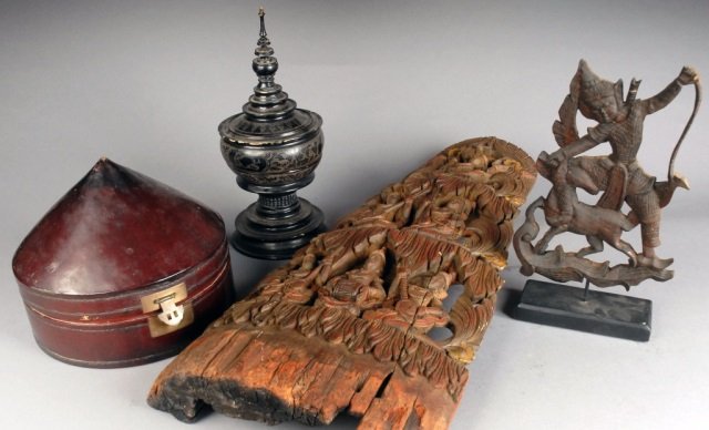 Four Assorted Southeast Asian Wood Articles: Comprising a Buddhist temple wood figural fragment, carved figural relief motif, circa 1920, height 39 inches; Mandalay period teak wood Buddhist temple ornament, height 16 inches; Lacquered covered b