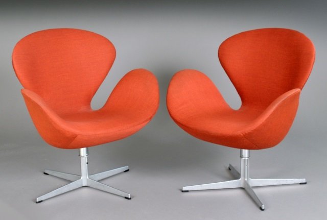Pair of Fritz Hansen Mid Century Egg Chairs: Fritz Hansen. Marked "FH / Made in Denmark". Height 32 inches, width 29 inches, depth 22 inches.