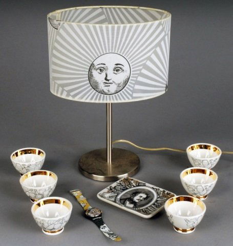 Group of Assorted Fornasetti Articles: Including lamp, dish, cups, and watch.